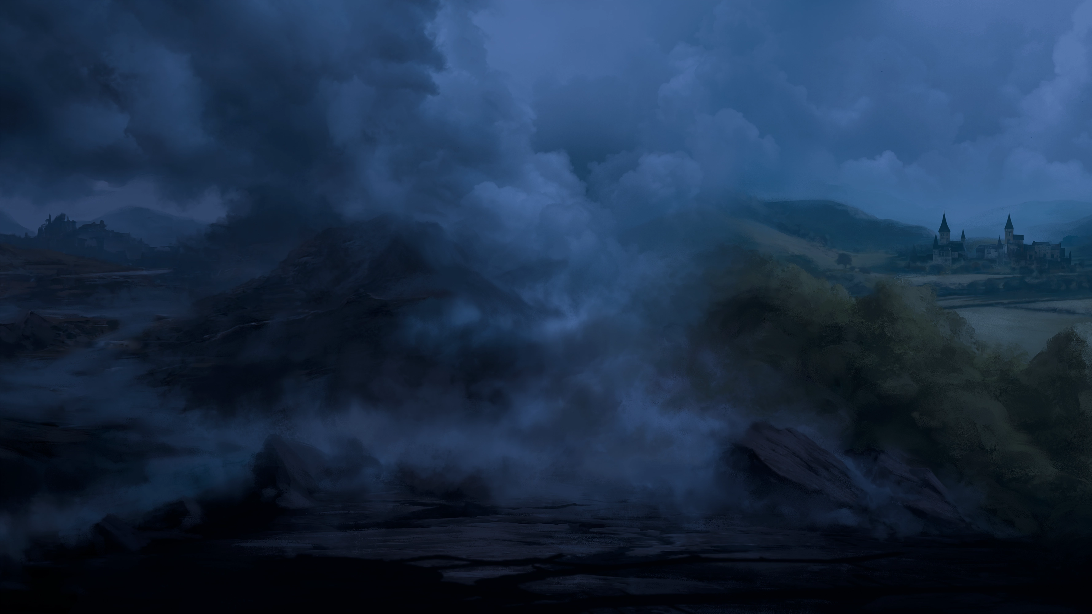 Scenary of fields with a desolate desert on the left and a lush town on the right