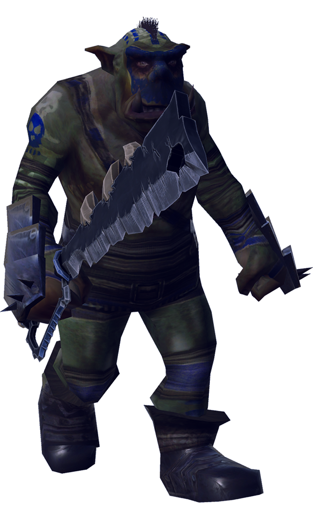 Fantasy orc with blue markings mid walk