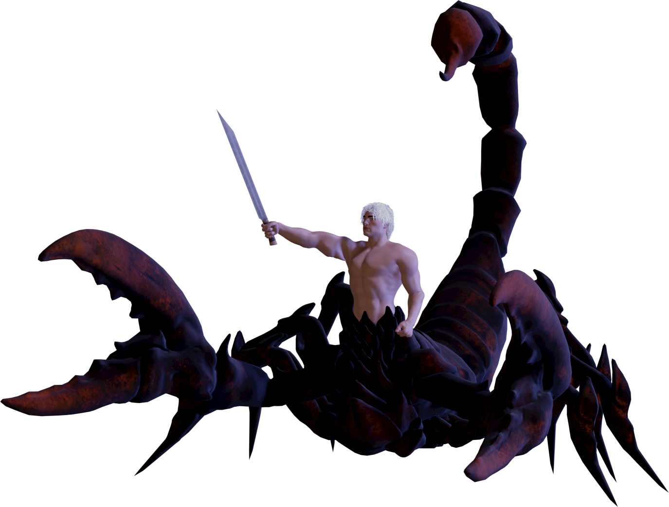 Half human half scoprion hybrid holding their sword up