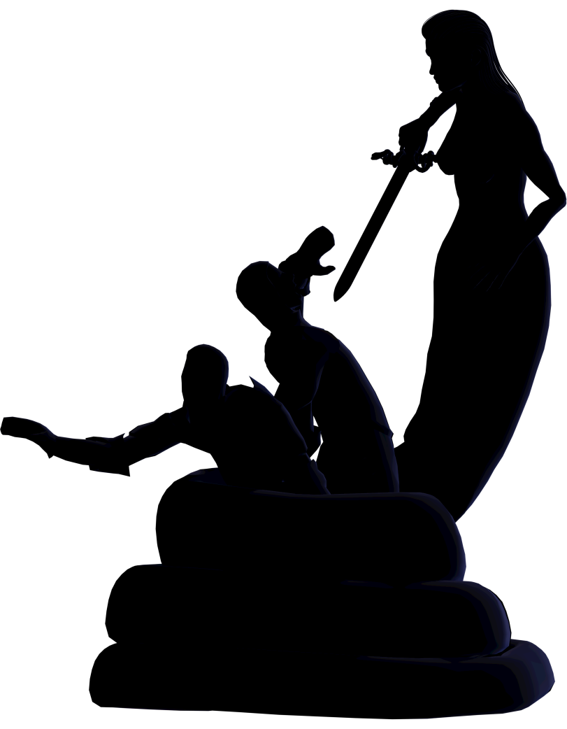 Silhoutte of a half human half snake hybrid wrapping around two humans trying to escape