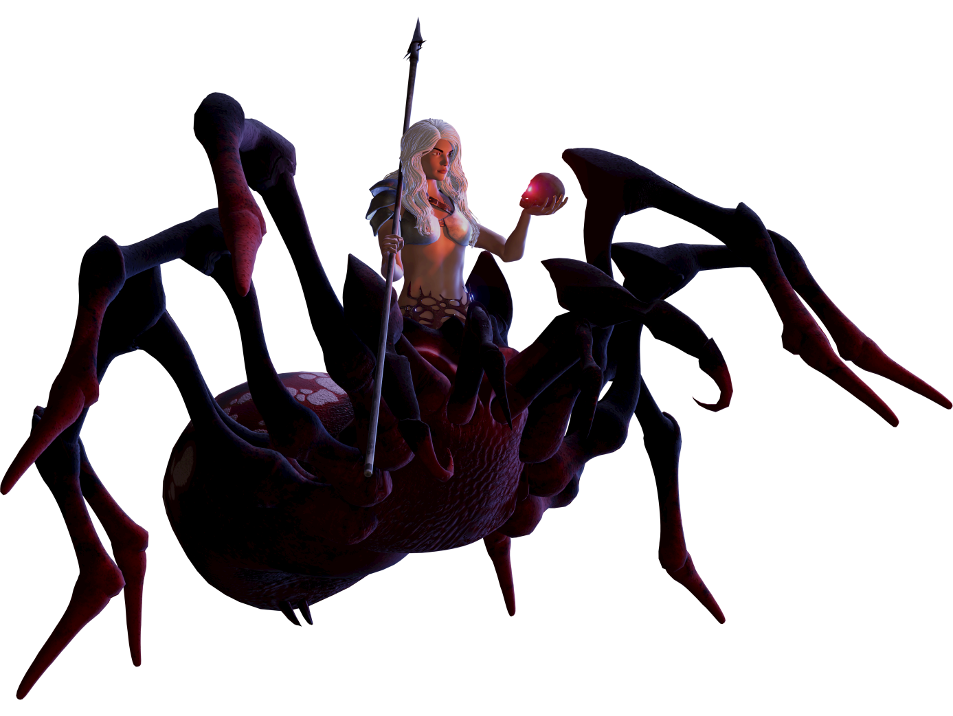 Half human half spider hybrid with a spear and an orb in their arms