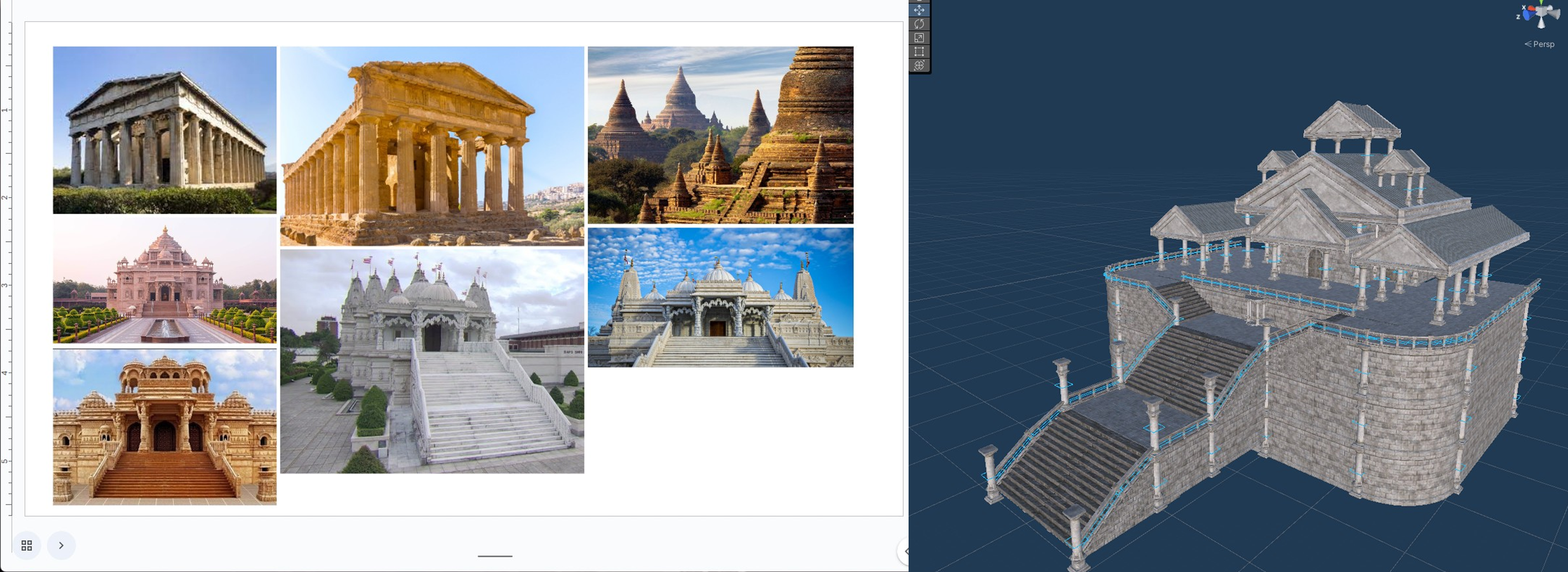 Temple Image showing a greek inspired temple with reference images on the left.